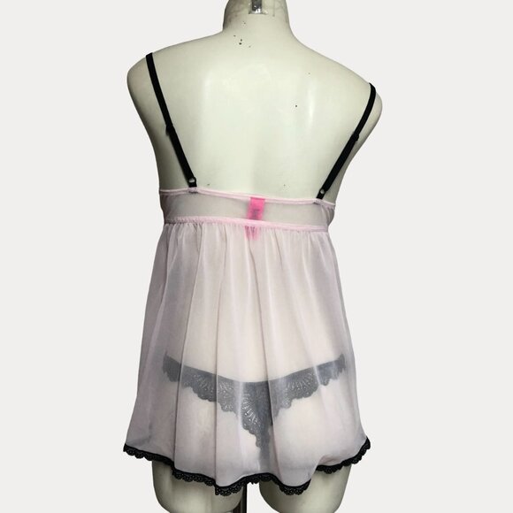 La Senza Light Pink Mesh & Black Lace Sheer Baby Doll Size Medium - Picture 2 of 10